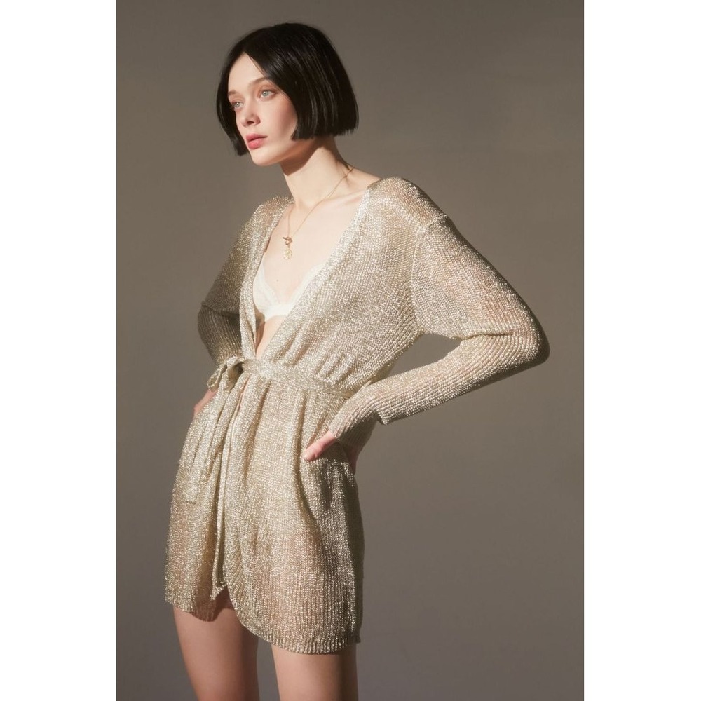 Anthropologie x Lioness Gold Metallic Knit Longline Cardigan Sheer Mesh XS